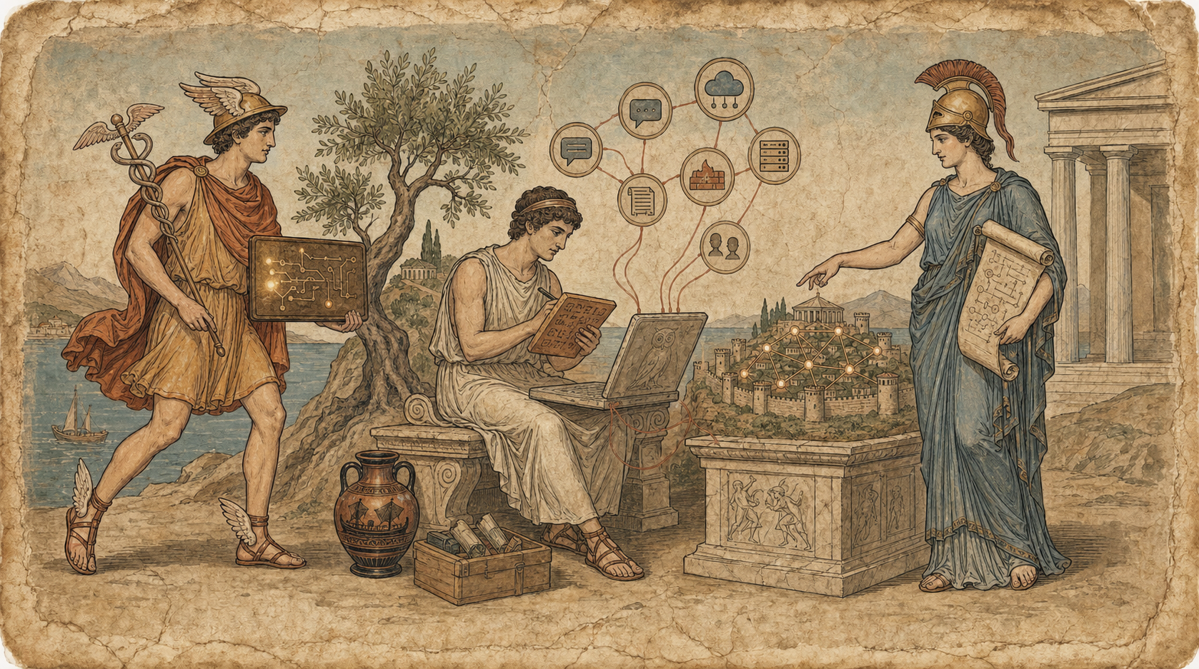 Hermes Agent practical loop as a Greek fresco